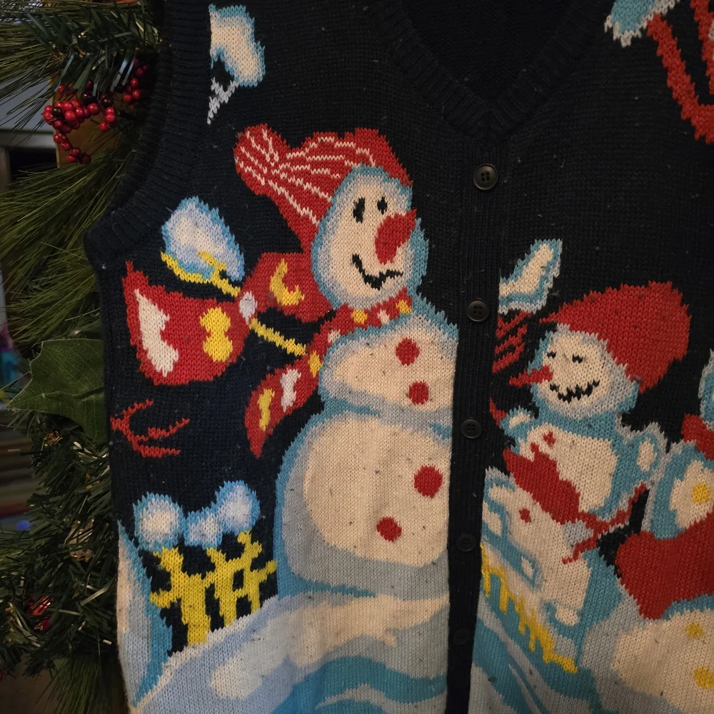 Ugly Christmas Sweater Vest Snowman Adult Size Large Button Up Christmas Party - Picture 2 of 5